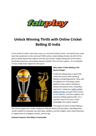 Unlock Winning Thrills with Online Cricket Betting ID India