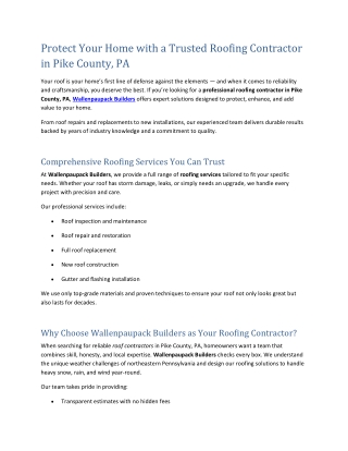 Protect Your Home with a Trusted Roofing Contractor in Pike County, PA