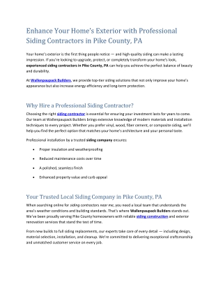 Enhance Your Home’s Exterior with Professional Siding Contractors in Pike County, PA