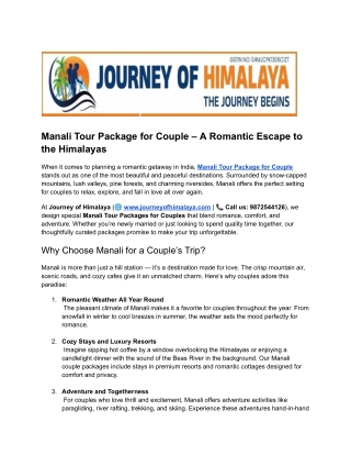 Manali Tour Package for Couple – A Romantic Escape to the Himalayas