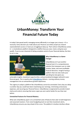 UrbanMoney: Transform Your Financial Future Today