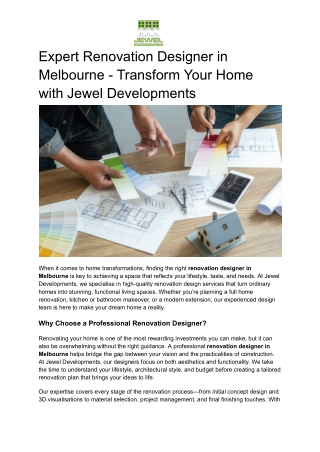 Expert Renovation Designer in Melbourne - Transform Your Home with Jewel Developments