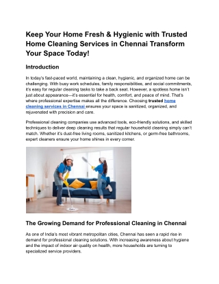 Keep Your Home Fresh & Hygienic with Trusted Home Cleaning Services in Chennai Transform Your Space Today