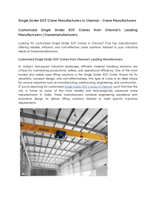 Single Girder EOT Crane Manufacturers in Chennai - Crane Manufacturers