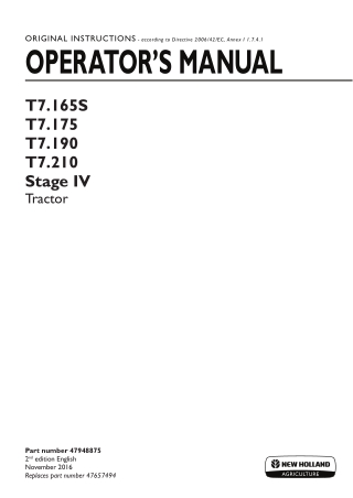 New Holland T7.165S T7.175 T7.190 T7.210 Stage IV Tractor Operator’s Manual Instant Download (Publication No.47948875)