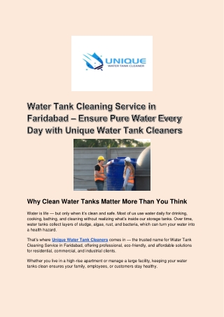 Water Tank Cleaning Service in Faridabad – Ensure Pure Water Every Day with Unique Water Tank Cleaners