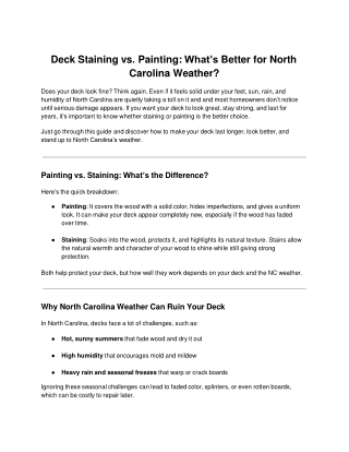 Deck Staining vs. Painting: What’s Better for North Carolina Weather?