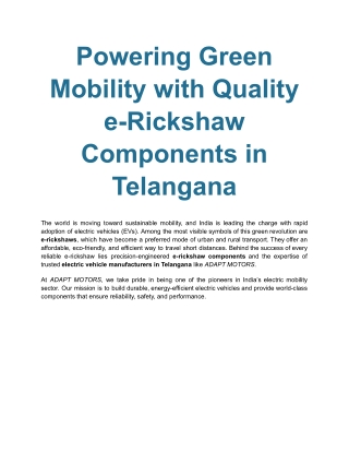 Powering Green Mobility with Quality e-Rickshaw Components in Telangana