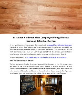 Saskatoon Hardwood Floor Company Offering The Best Hardwood Refinishing Services