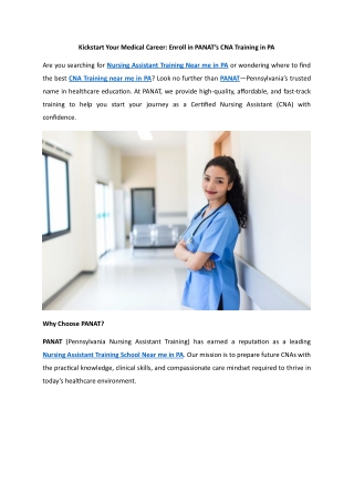 Kickstart Your Medical Career: Enroll in PANAT’s CNA Training in PA