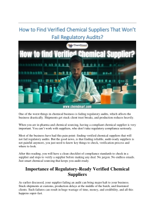 How to Find Verified Chemical Suppliers That Won't Fail Regulatory Audits