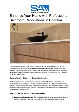 Enhance Your Home with Professional Bathroom Renovations in Pooraka