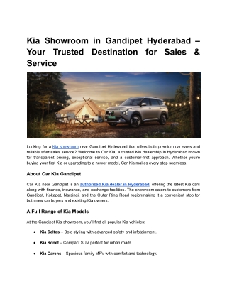 Kia Showroom in Gandipet Hyderabad – Your Trusted Destination for Sales & Service