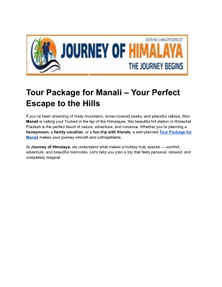 Tour Package for Manali – Your Perfect Escape to the Hills