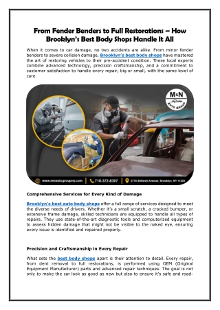 From Fender Benders to Full Restorations – How Brooklyn’s Best Body Shops Handle It All