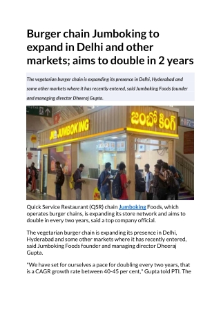 Burger chain Jumboking to expand in Delhi and other markets aims to double in 2 years