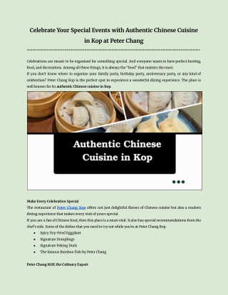 Celebrate Your Events with Authentic Chinese Cuisine in Kop at Peter Chang