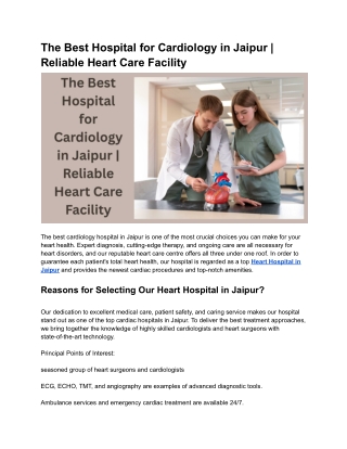 The Best Hospital for Cardiology in Jaipur | Reliable Heart Care Facility