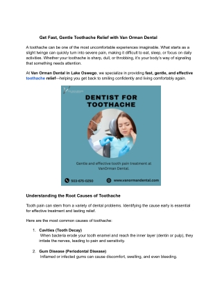 Get Fast, Gentle Toothache Relief with Van Orman Dental