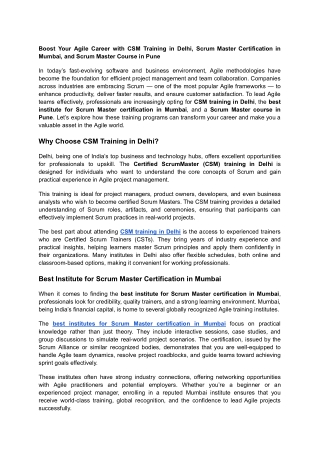 Boost Your Agile Career with CSM Training in Delhi, Scrum Master Certification i