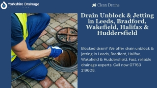 Drain Unblock & Jetting in Leeds, Bradford, Wakefield, Halifax & Huddersfield