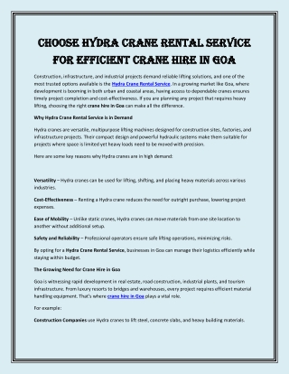 Choose Hydra Crane Rental Service for Efficient Crane Hire in Goa