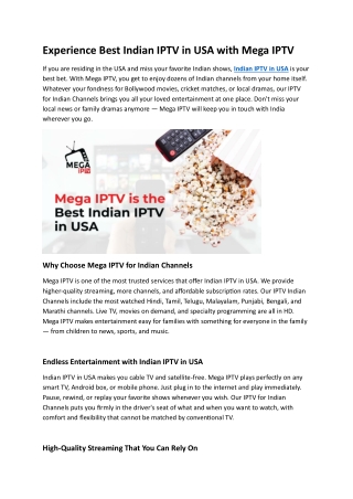 Experience Best Indian IPTV in USA with Mega IPTV