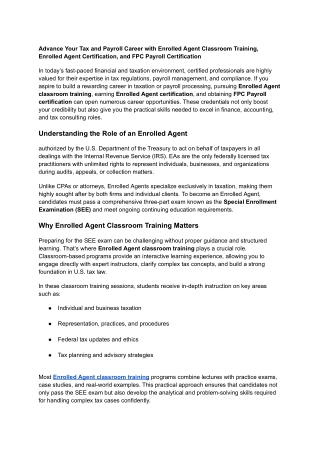 Advance Your Tax and Payroll Career with Enrolled Agent Classroom Training, Enro