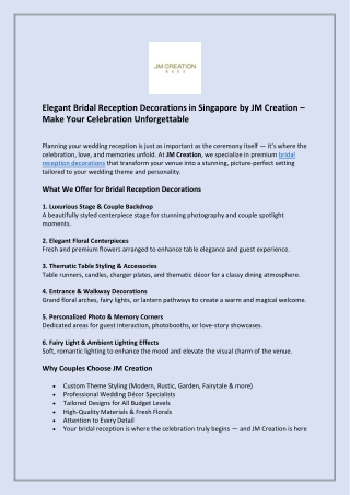 Elegant Bridal Reception Decorations in Singapore by JM Creation