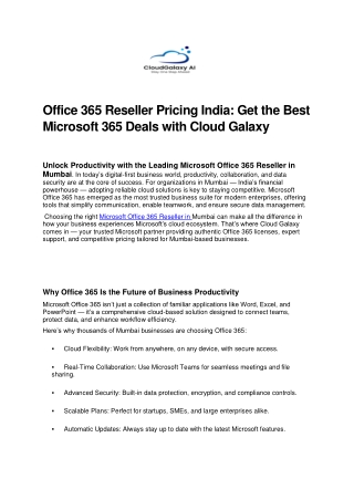 Office 365 Reseller Pricing India: Get the Best Microsoft 365 Deals with Cloud
