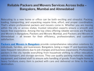 Reliable Packers and Movers Services Across India – Bangalore, Mumbai and Ahmedabad