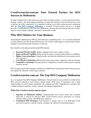 Creativewarrior.com.au Your Trusted Partner for SEO Success in Melbourne