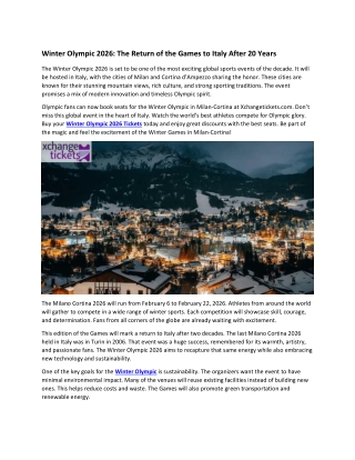 Winter Olympic 2026 The Return of the Games to Italy After 20 Years