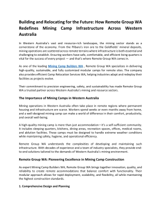 Building and Relocating for the Future How Remote Group WA Redefines Mining Camp Infrastructure Across Western Australia