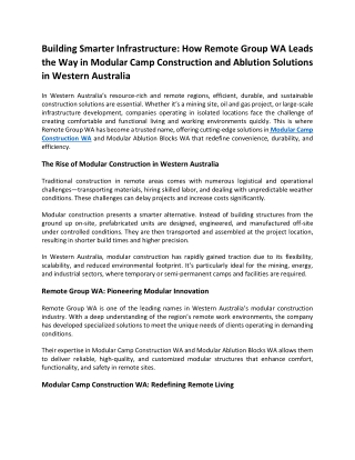 Building Smarter Infrastructure How Remote Group WA Leads the Way in Modular Camp Construction and Ablution Solutions in
