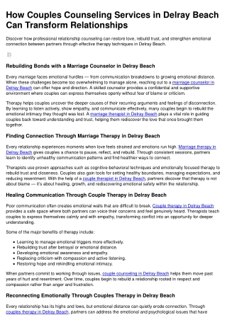 How Couples Counseling Services in Delray Beach Can Transform Relationships