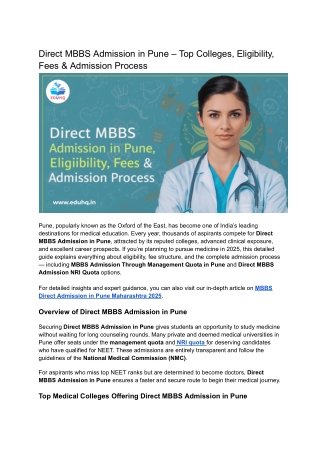 Direct MBBS Admission in Pune – Top Colleges, Eligibility, Fees & Admission Process