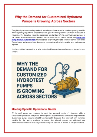 Why the Demand for Customized Hydrotest Pumps Is Growing Across Sectors
