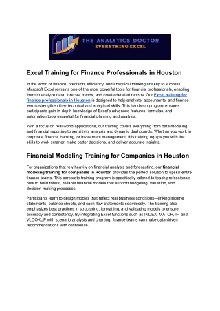 Excel Training for Finance Professionals in Houston