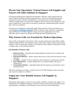 Elevate Your Operations Trusted Scissors Lift Supplier and Scissors Lift Table Solutions in Singapore