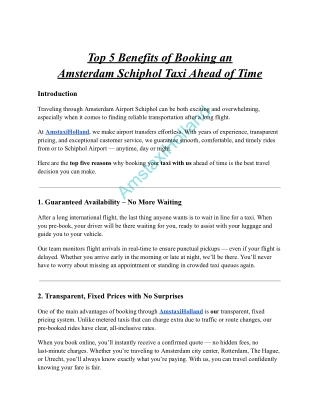 Top 5 Benefits of Booking an Amsterdam Schiphol Taxi Ahead of Time