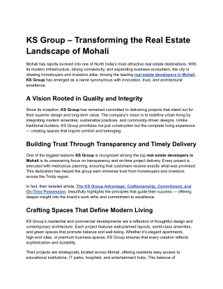 KS Group – Transforming the Real Estate Landscape of Mohali