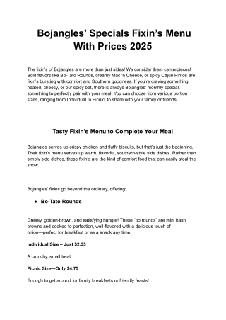 Bojangles' Specials Fixin’s Menu 2025