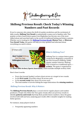 Shillong Previous Result -Check Today’s Winning Numbers and Past Records