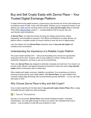 Buy and Sell Crypto Easily with Zavros Place – Your Trusted Digital Exchange Platform