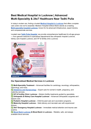 Best Medical Hospital in Lucknow _ Advanced Multi-Speciality & 24x7 Healthcare Near Tedhi Pulia