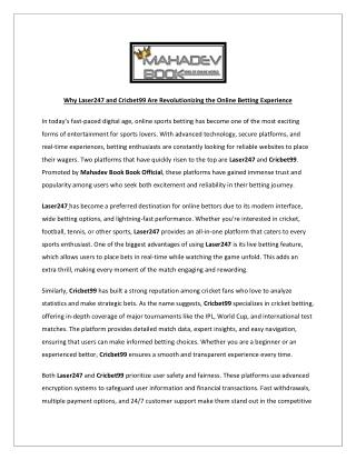 Why Laser247 and Cricbet99 Are Revolutionizing the Online Betting Experience