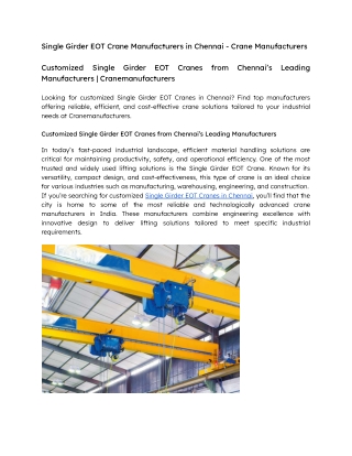 Single Girder EOT Cranes from Chennai’s Leading Manufacturers