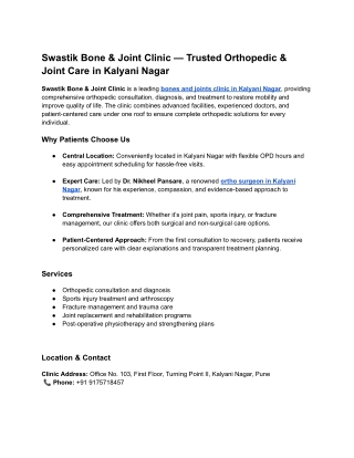 Swastik Bone & Joint Clinic — Trusted Orthopedic & Joint Care in Kalyani Nagar