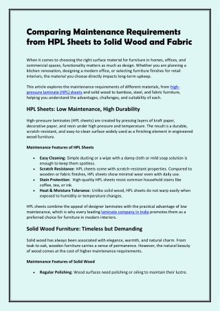 Comparing Maintenance Requirements From HPL Sheets to Solid Wood and Fabric